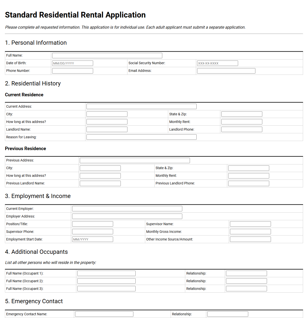 Standard Residential Rental Application Form