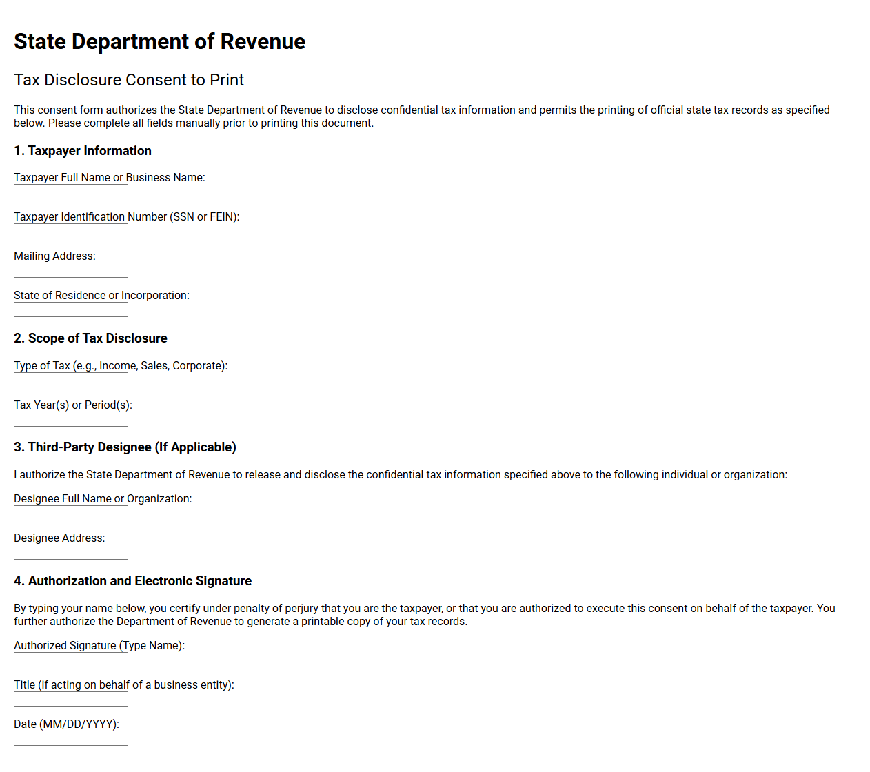 State Department of Revenue Tax Disclosure Consent