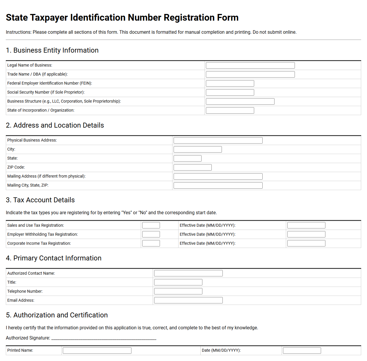 State Taxpayer Identification Number Registration Form