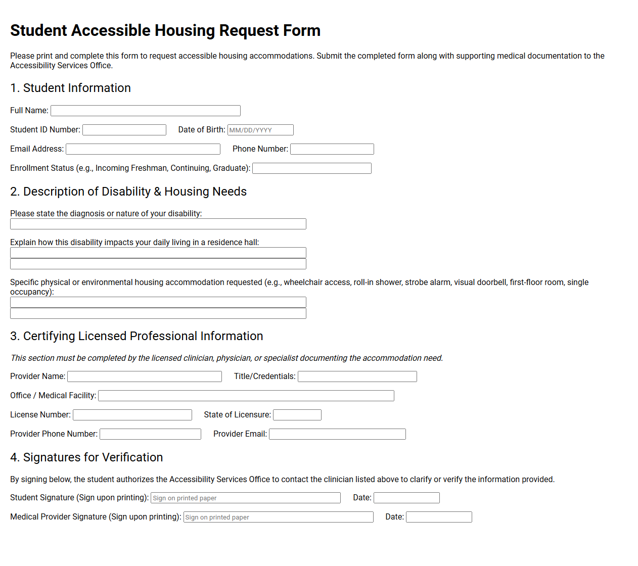 Student Accessible Housing Request Form