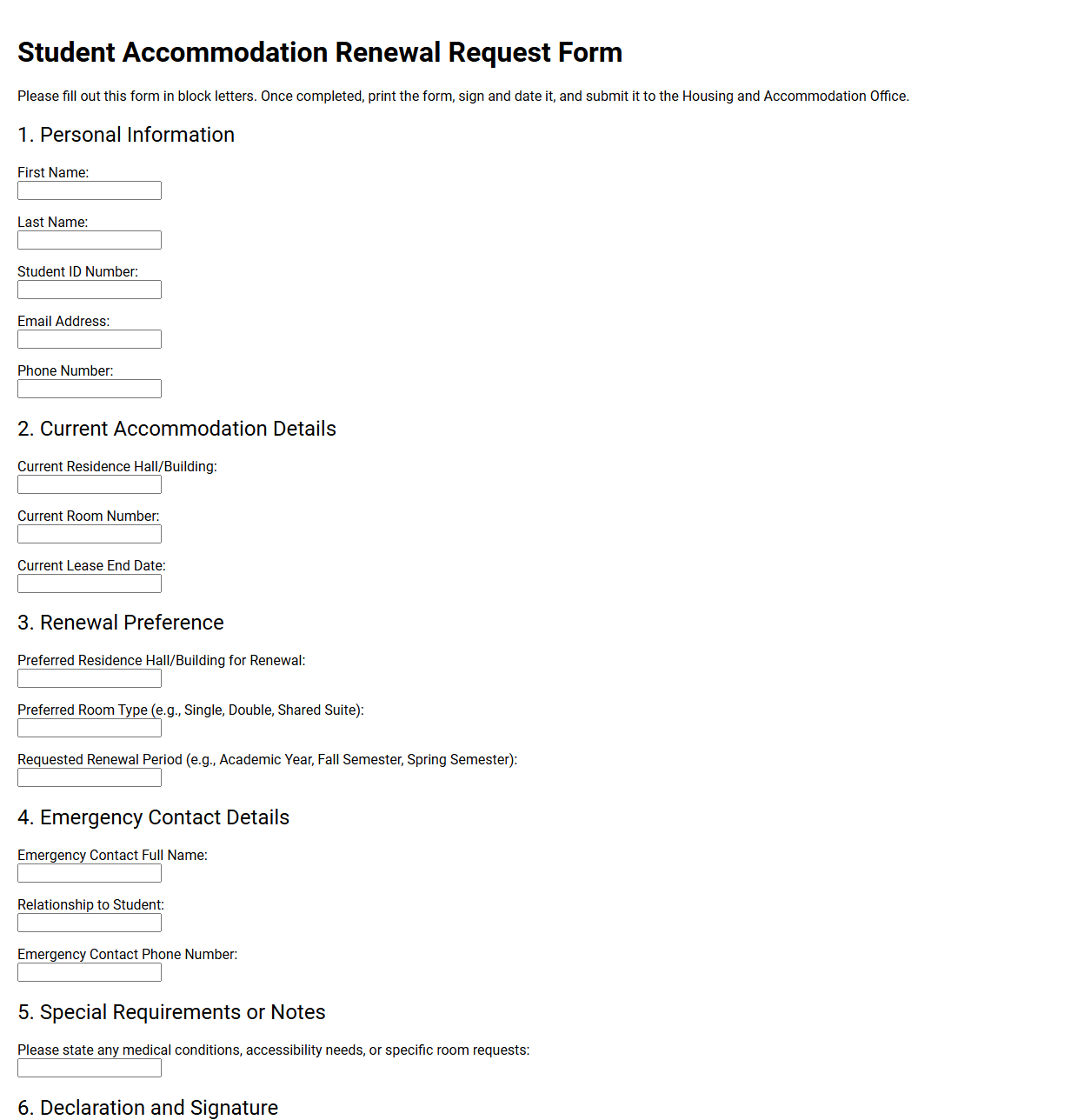 Student Accommodation Renewal Request Form