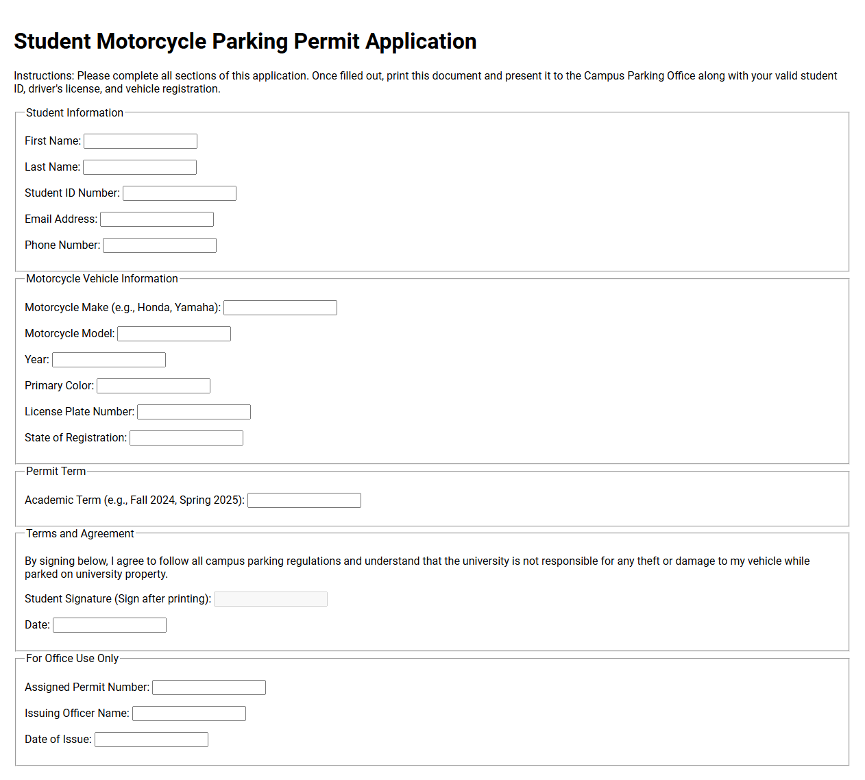 Student Motorcycle Parking Permit Application