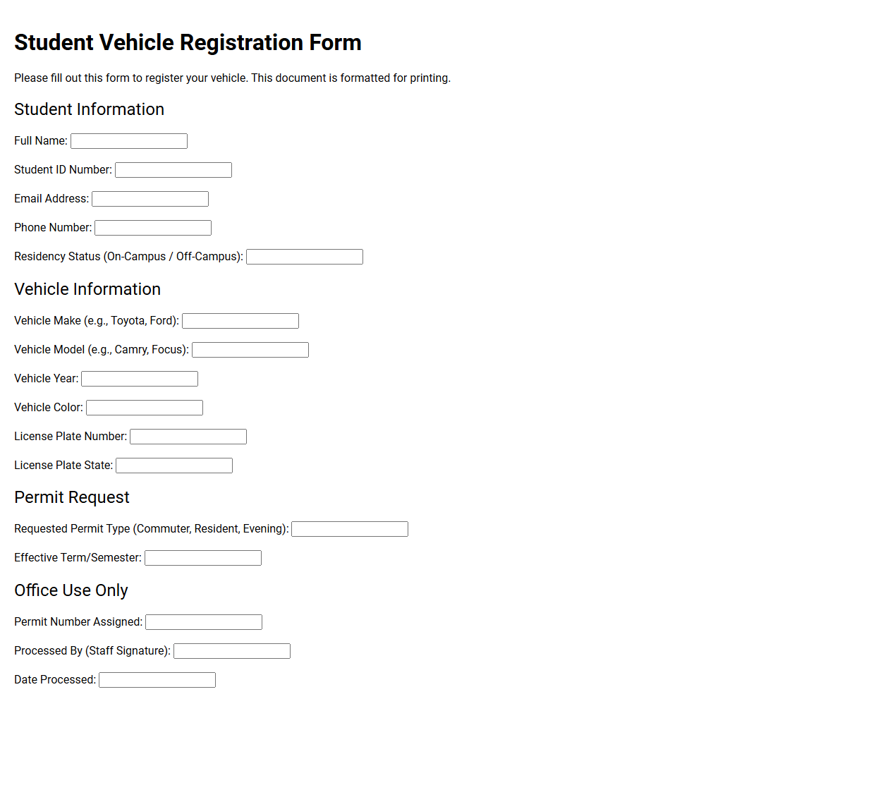 Student Vehicle Registration Form