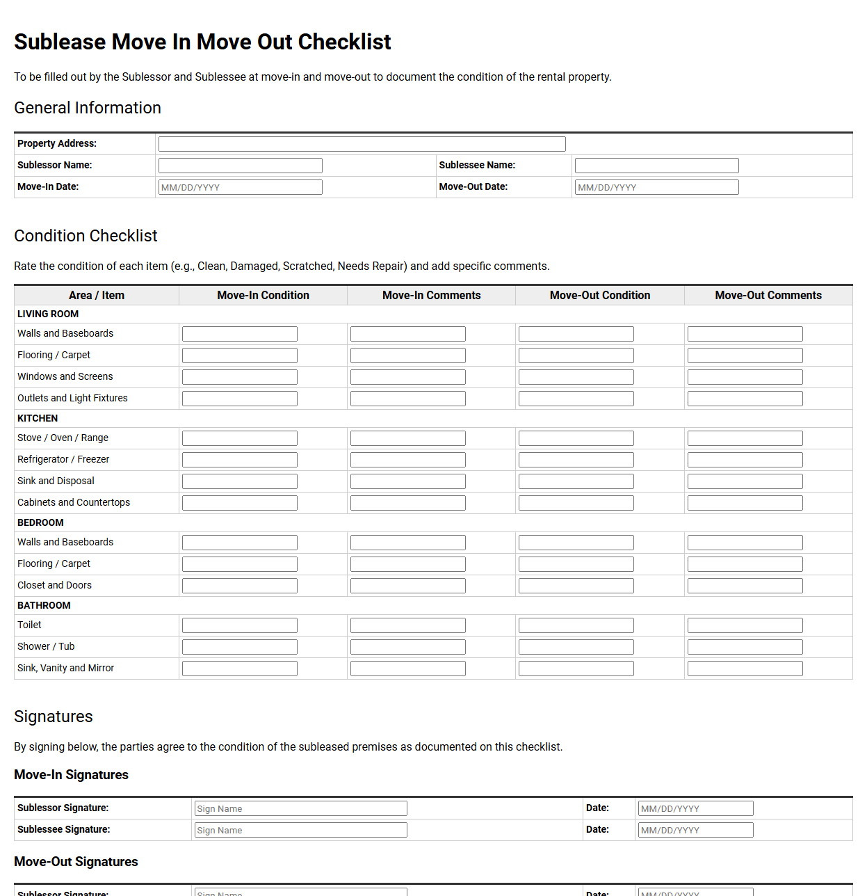 Sublease Move In Move Out Checklist