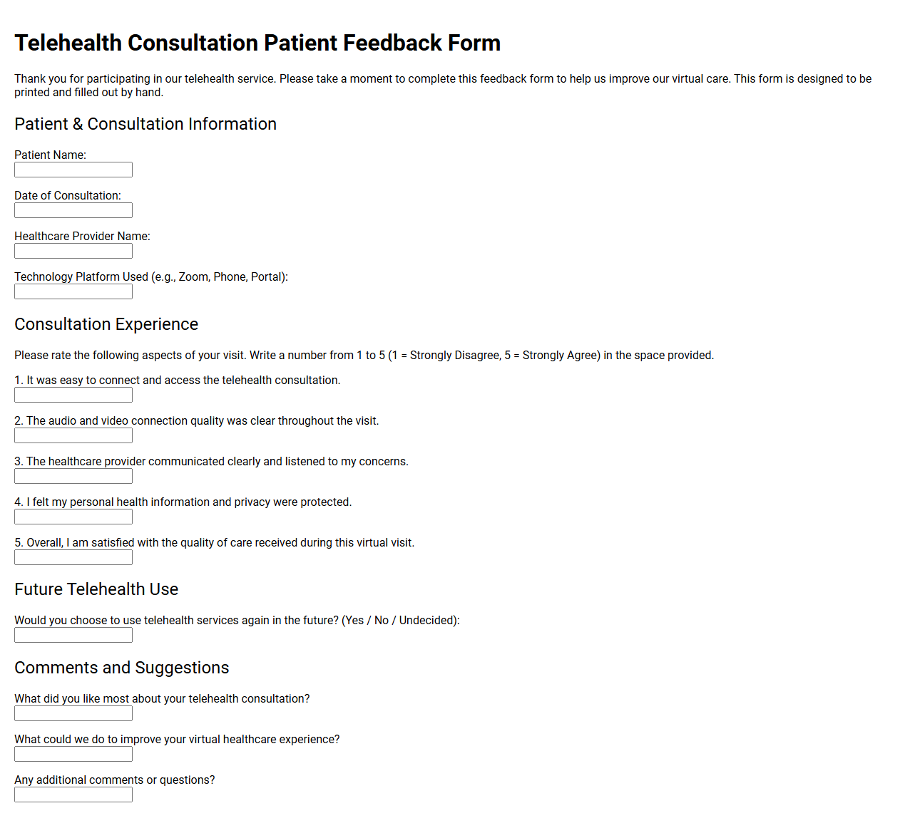 Telehealth Consultation Patient Feedback Form
