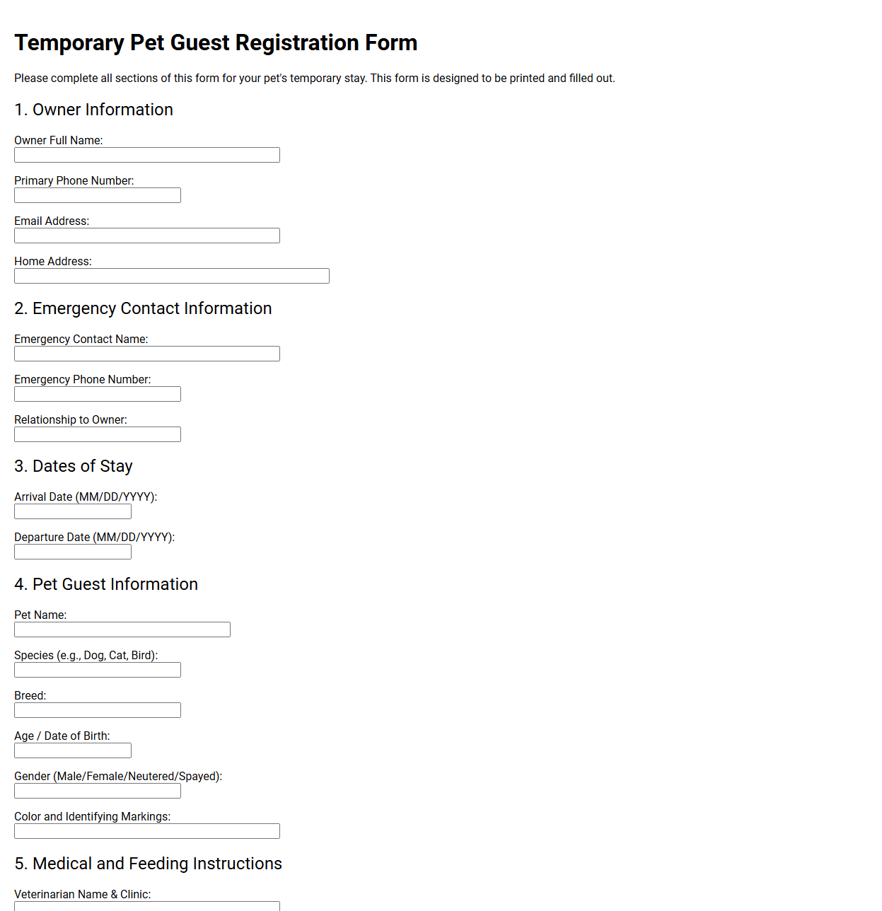 Temporary Pet Guest Registration Form