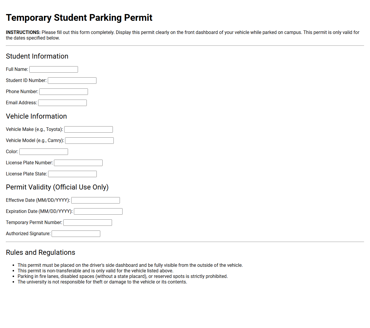 Temporary Student Parking Permit Form