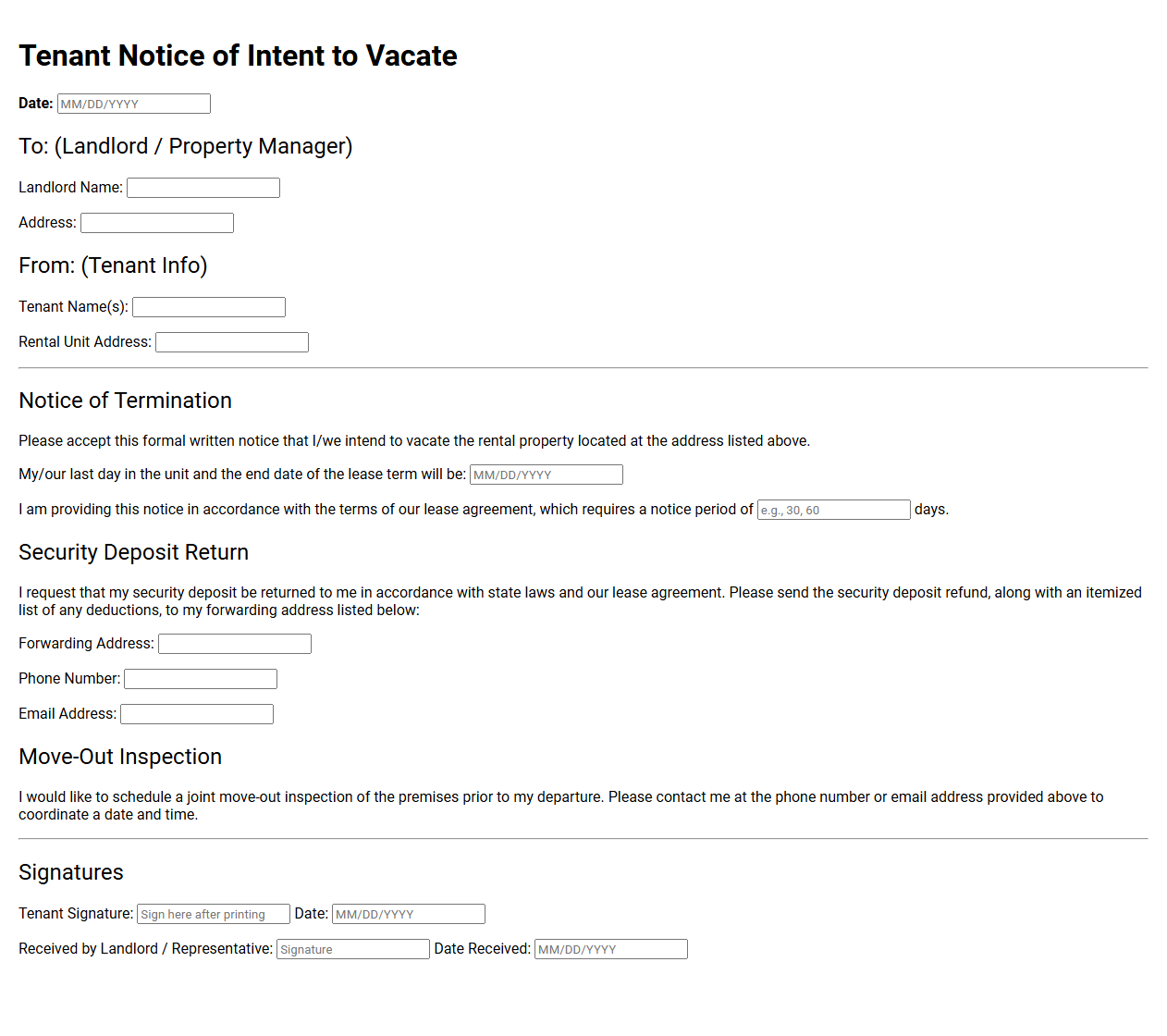 Tenant Intent to Vacate Notice Template