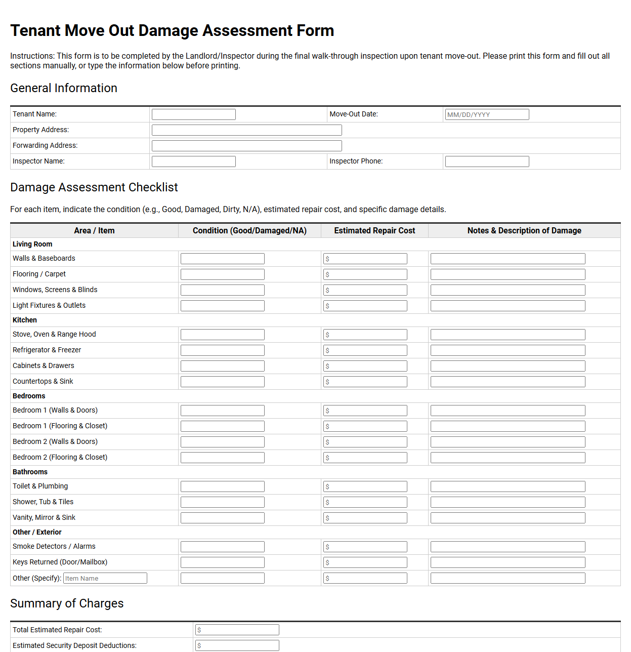 Tenant Move Out Damage Assessment Form