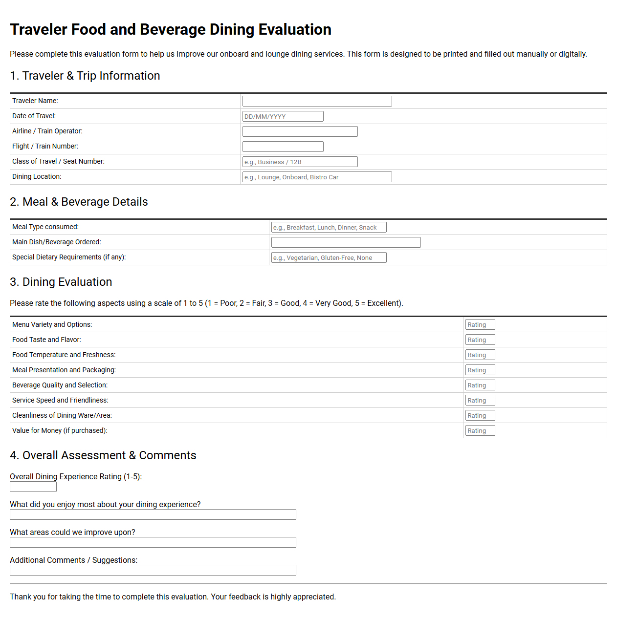 Traveler Food and Beverage Dining Evaluation