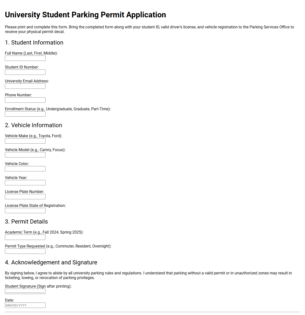 University Student Parking Permit Form