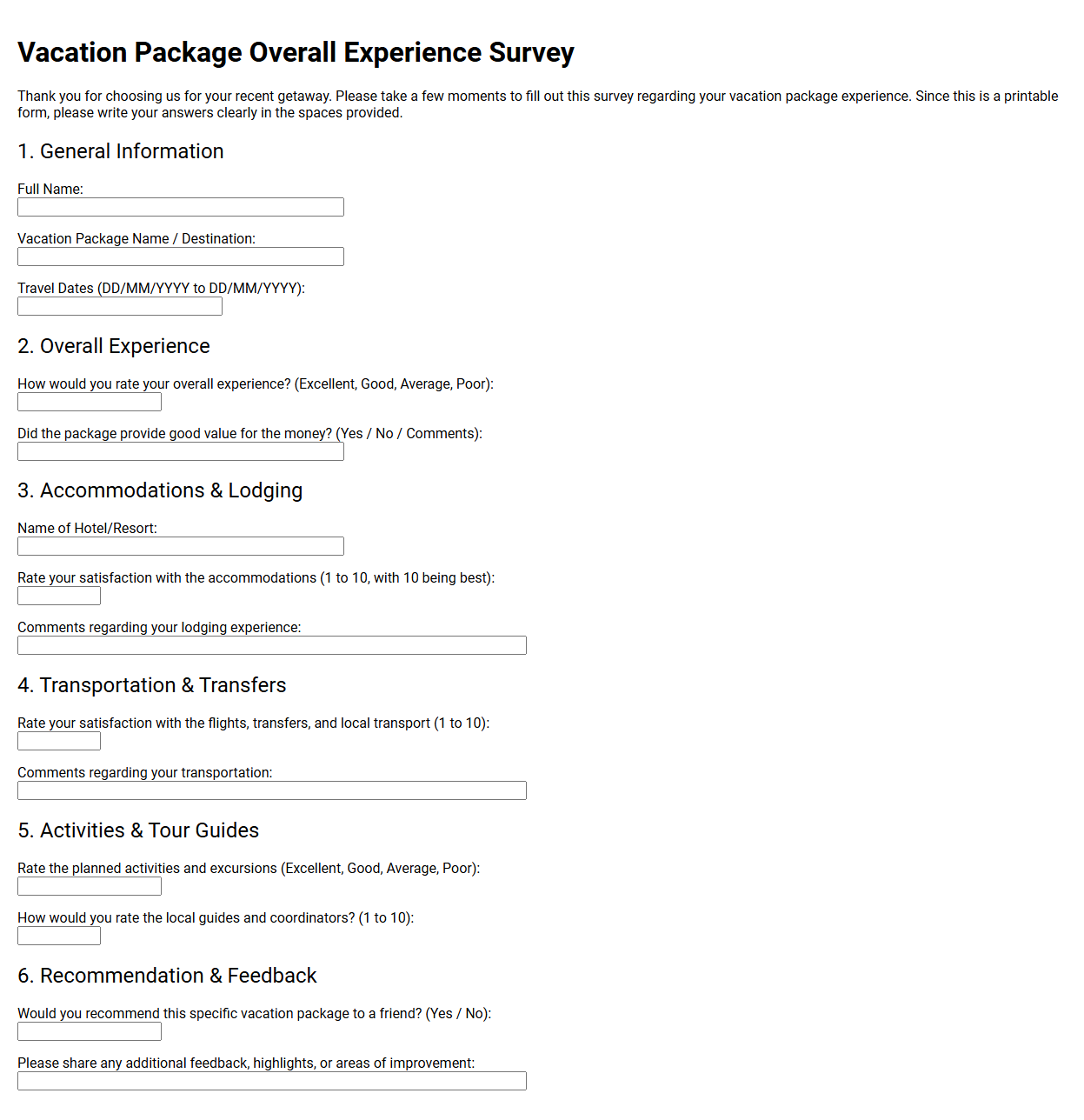 Vacation Package Overall Experience Survey