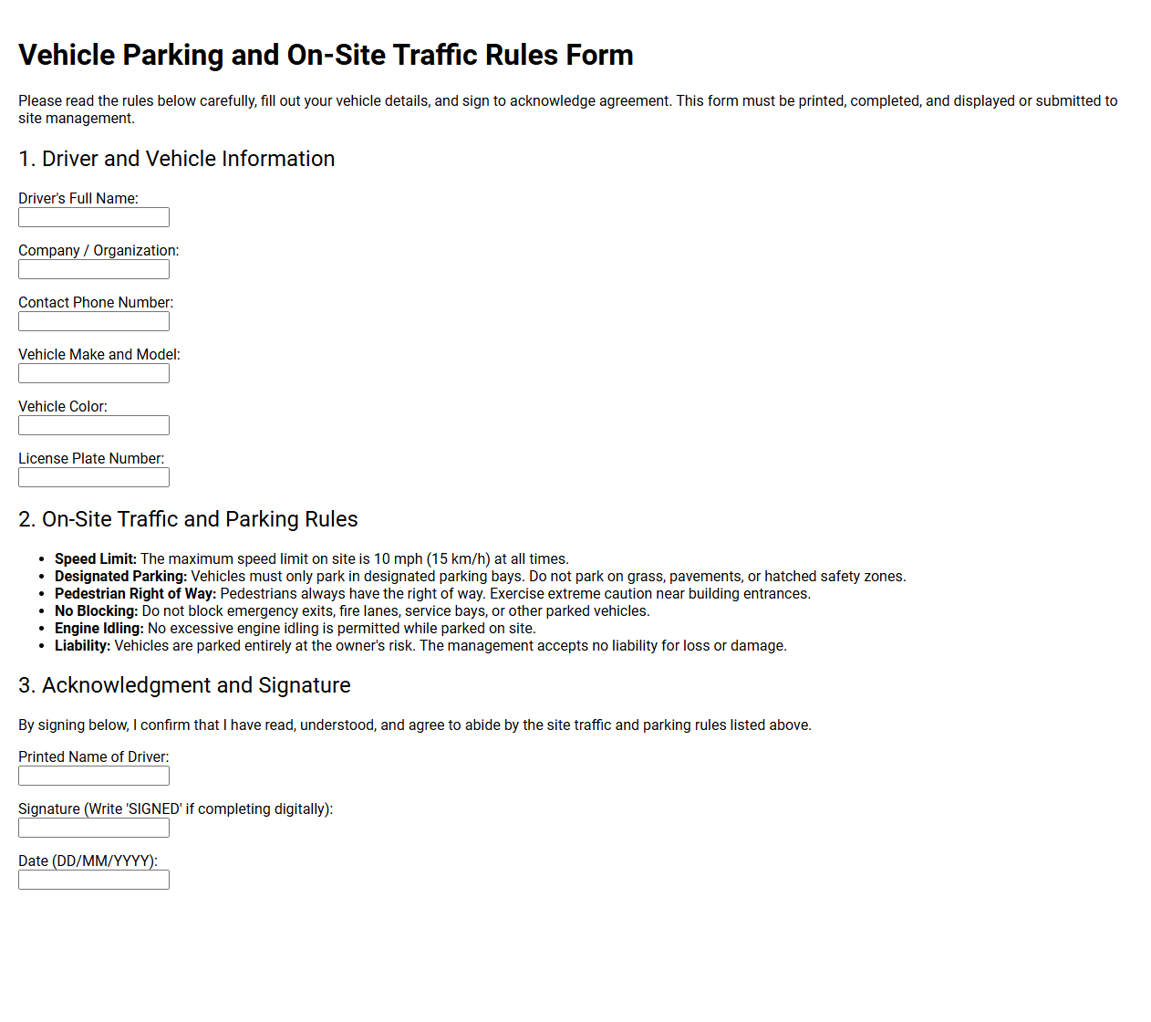 Vehicle Parking and On Site Traffic Rules Form