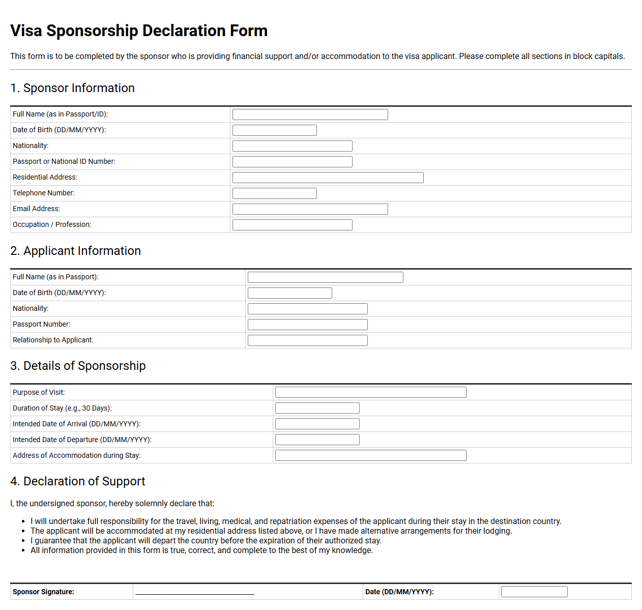 Visa Sponsorship Declaration Form