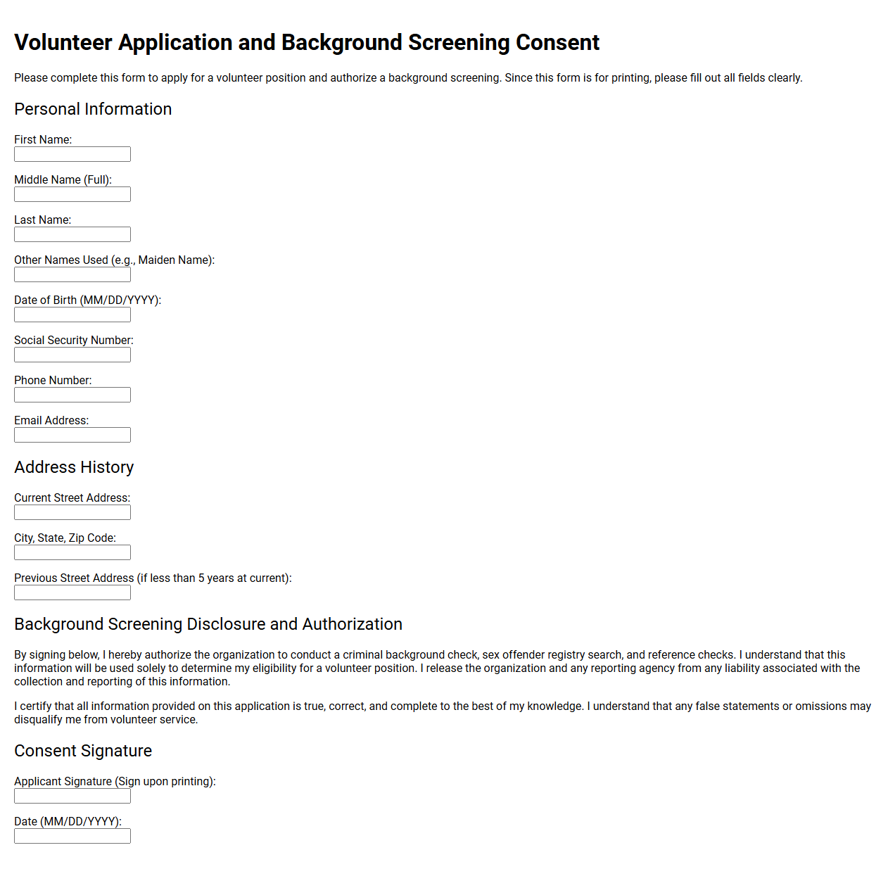 Volunteer Application and Background Screening Consent