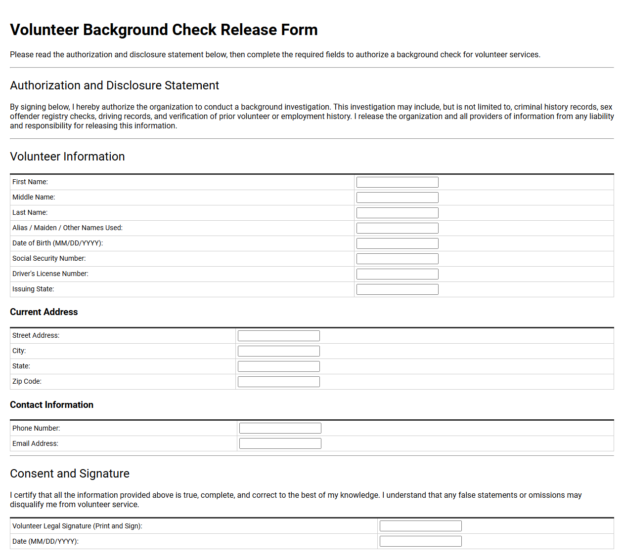 Volunteer Background Check Release Form