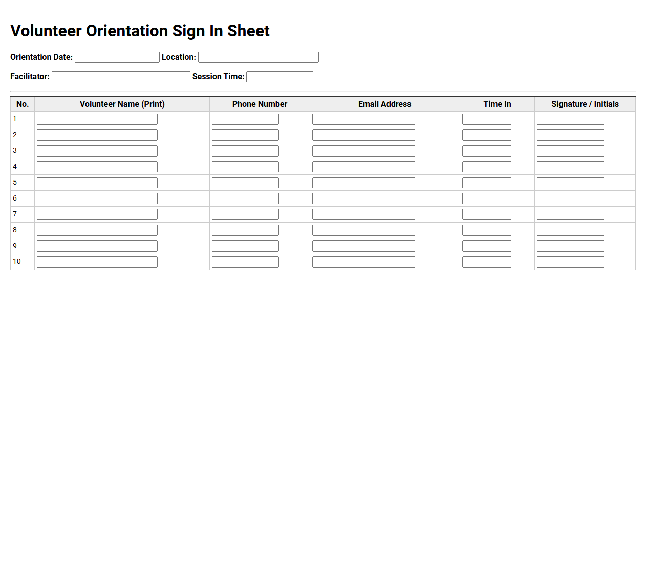Volunteer Orientation Sign In Sheet