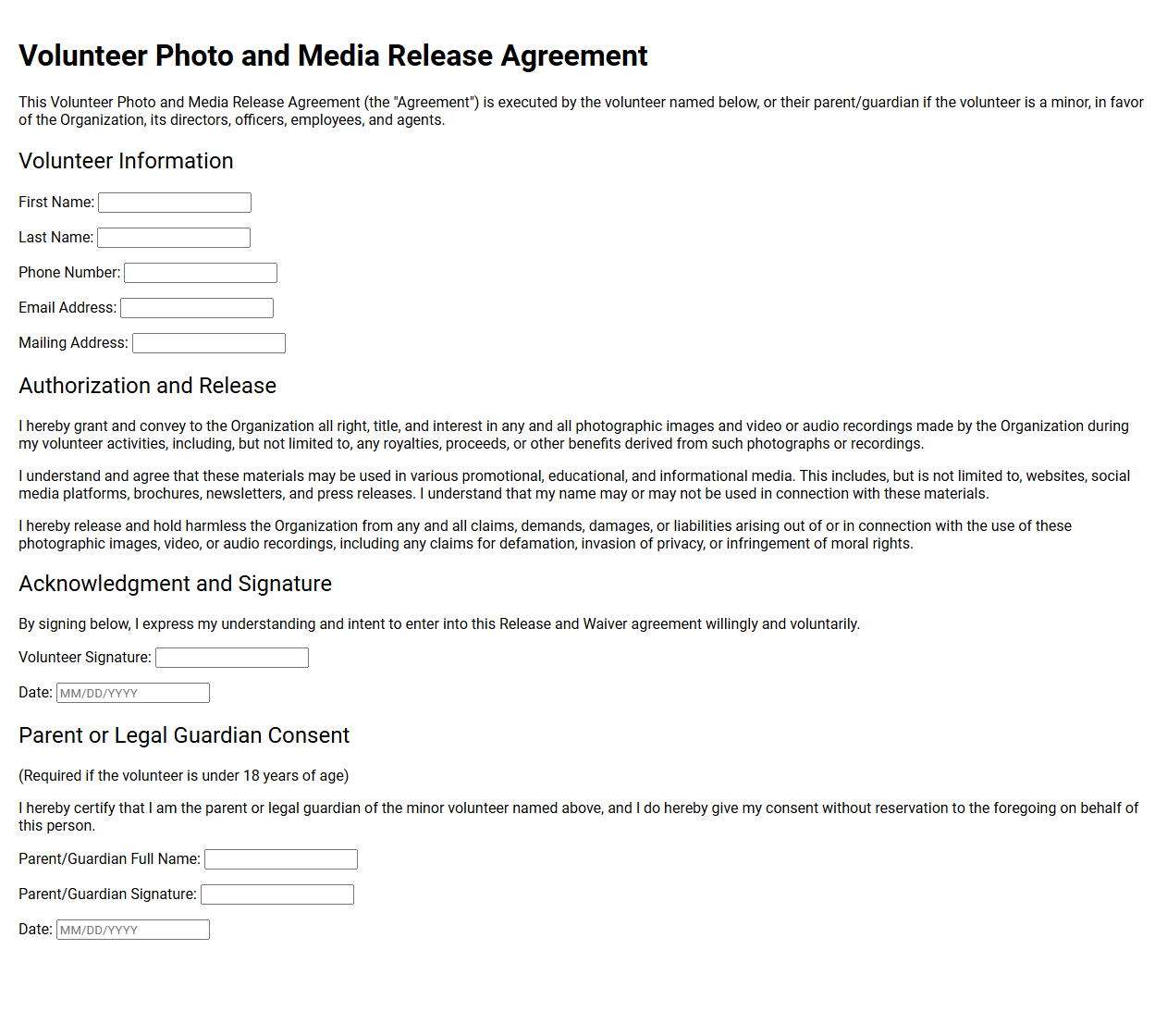 Volunteer Photo and Media Release Agreement
