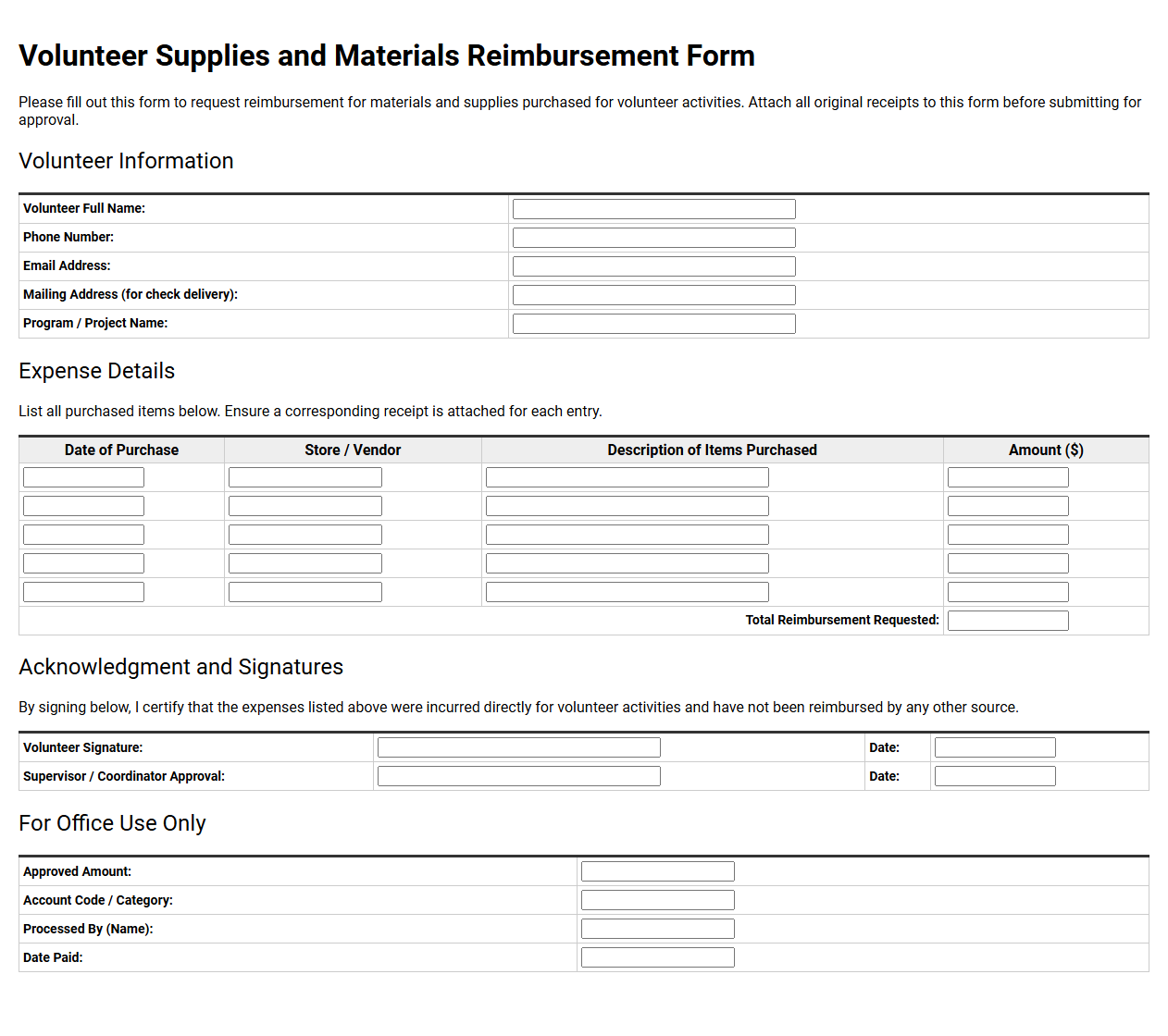 Volunteer Supplies and Materials Reimbursement Form