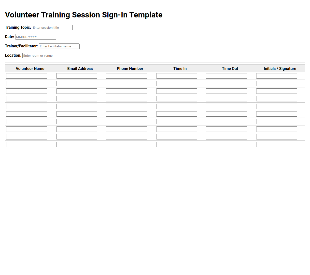 Volunteer Training Session Sign In Template