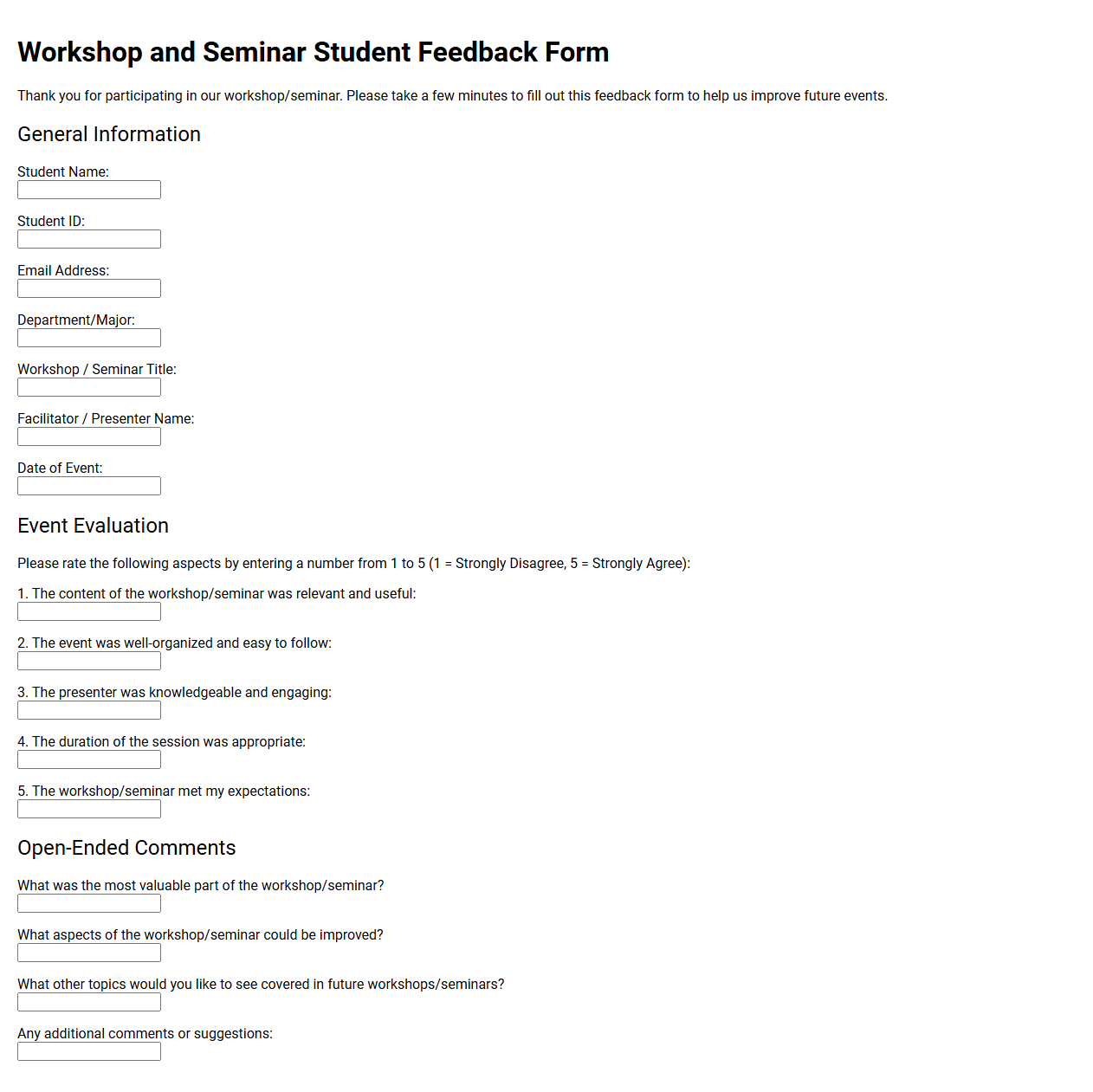 Workshop and Seminar Student Feedback Form