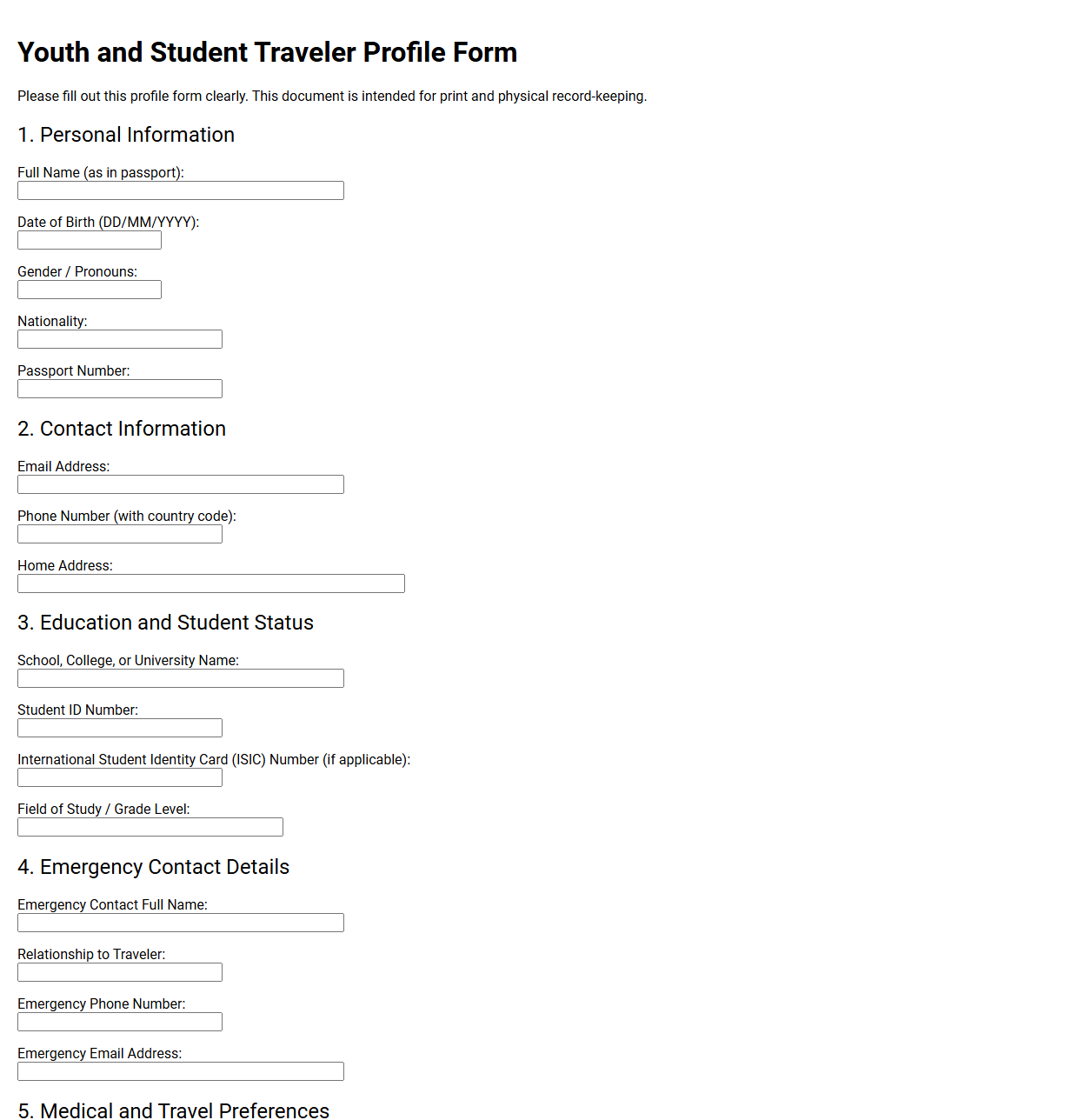 Youth and Student Traveler Profile Form