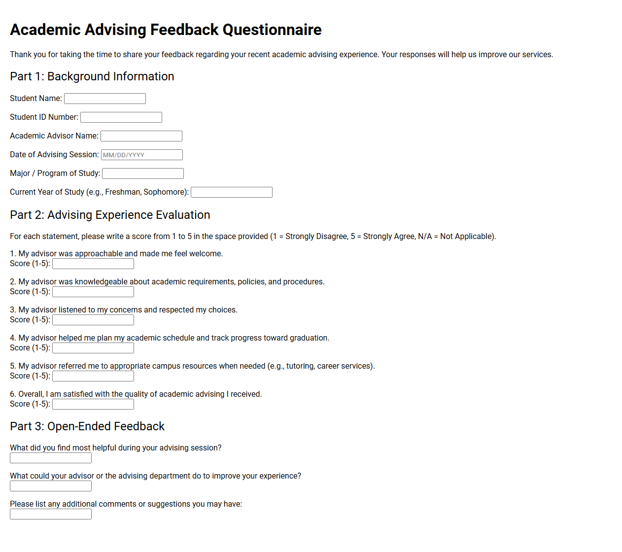 Academic Advising Feedback Questionnaire