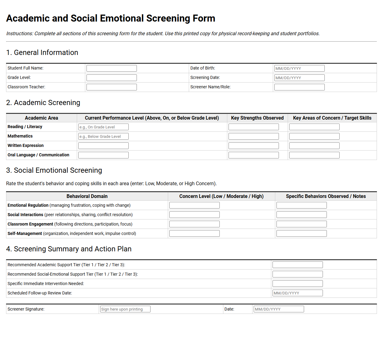 Academic and Social Emotional Screening Form