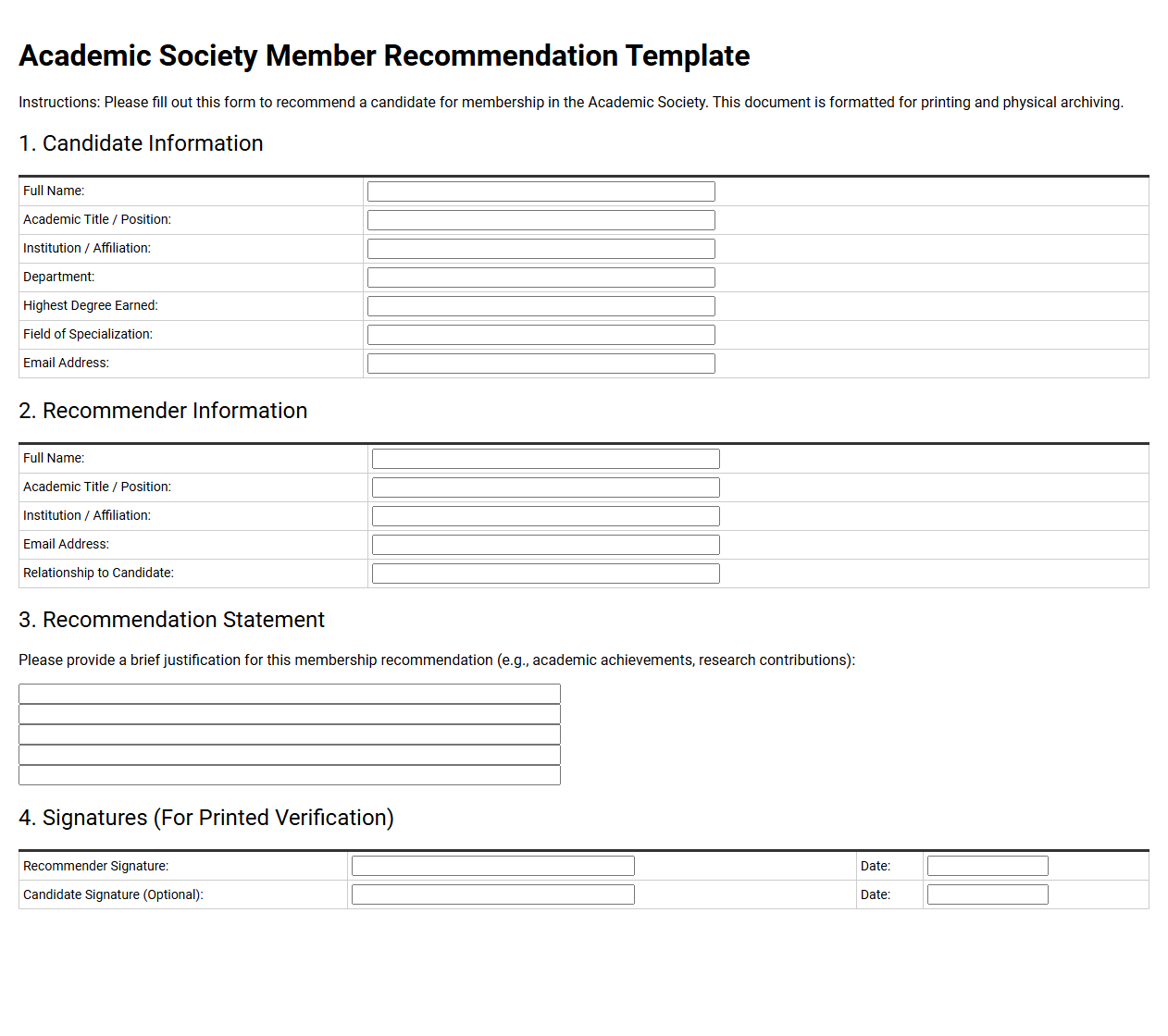 Academic Society Member Recommendation Template