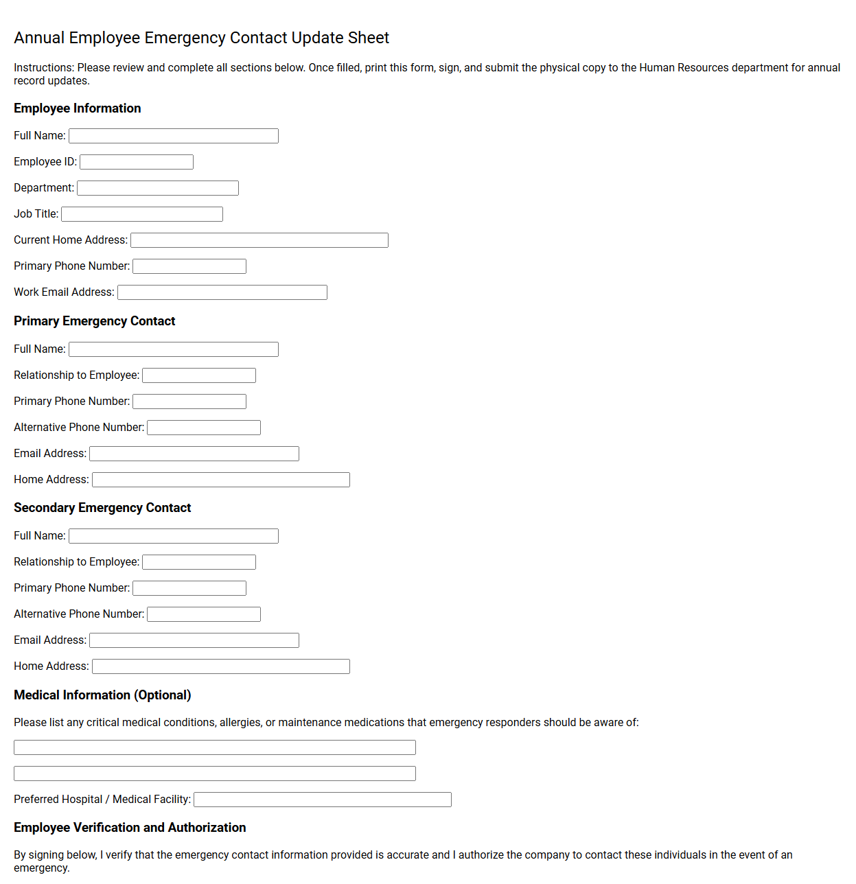 Annual Employee Emergency Contact Update Sheet