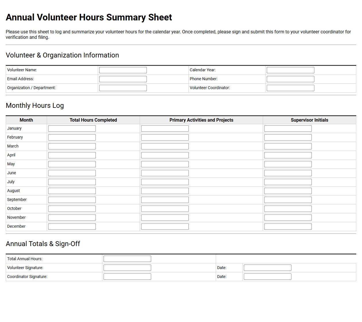 Annual Volunteer Hours Summary Sheet