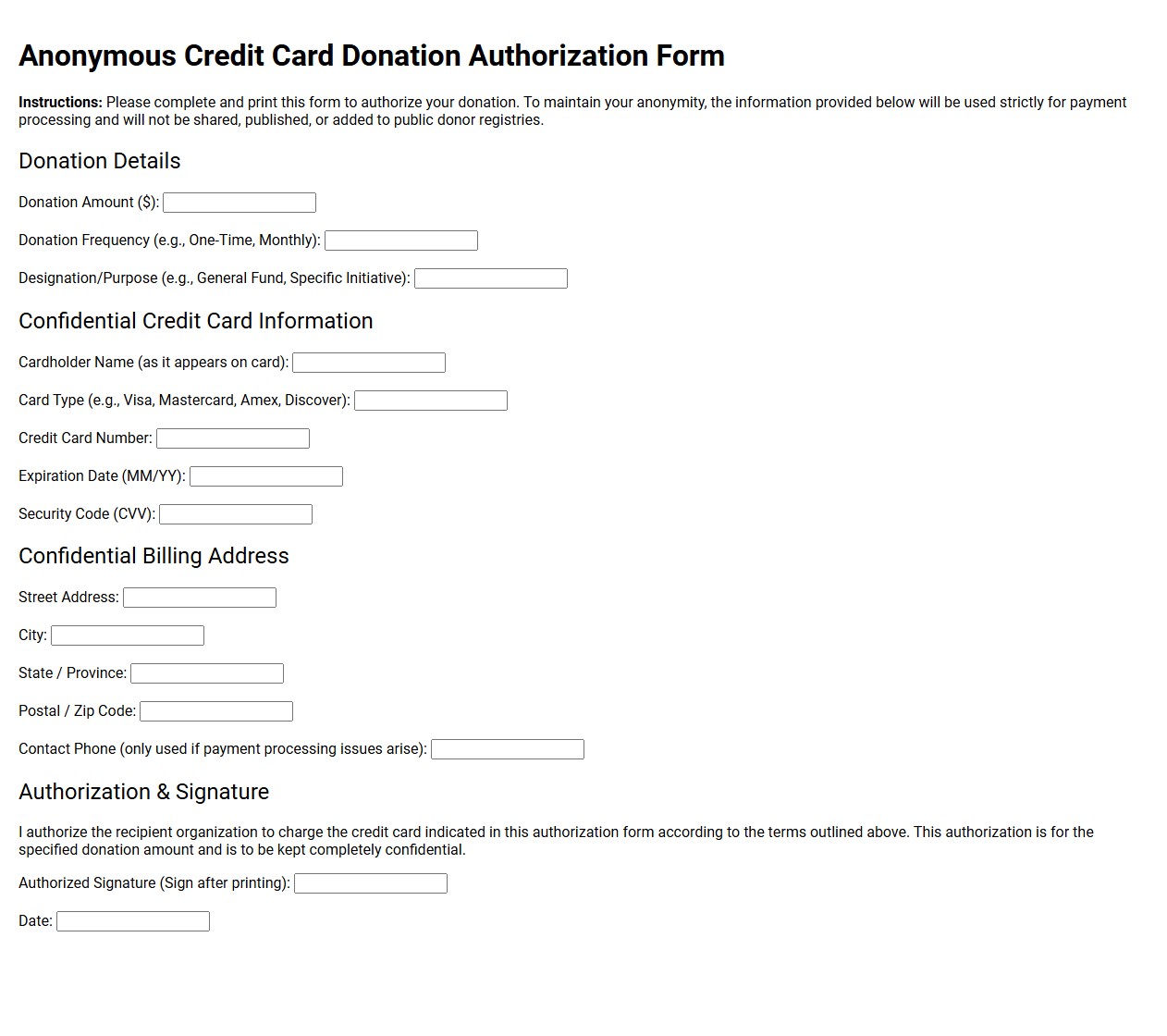 Anonymous Credit Card Donation Authorization Form
