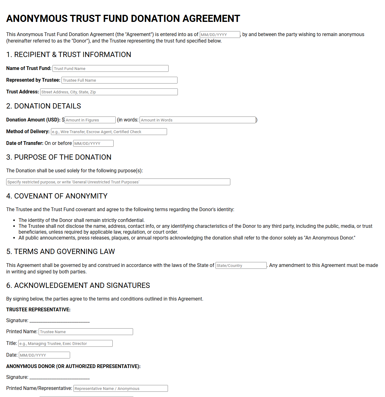 Anonymous Trust Fund Donation Agreement Template