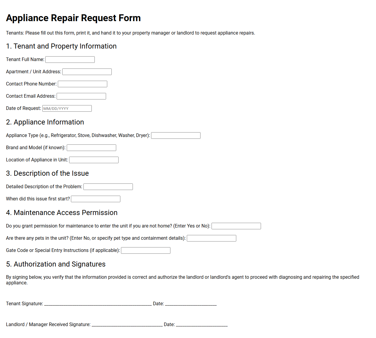 Appliance Repair Request Form for Tenants