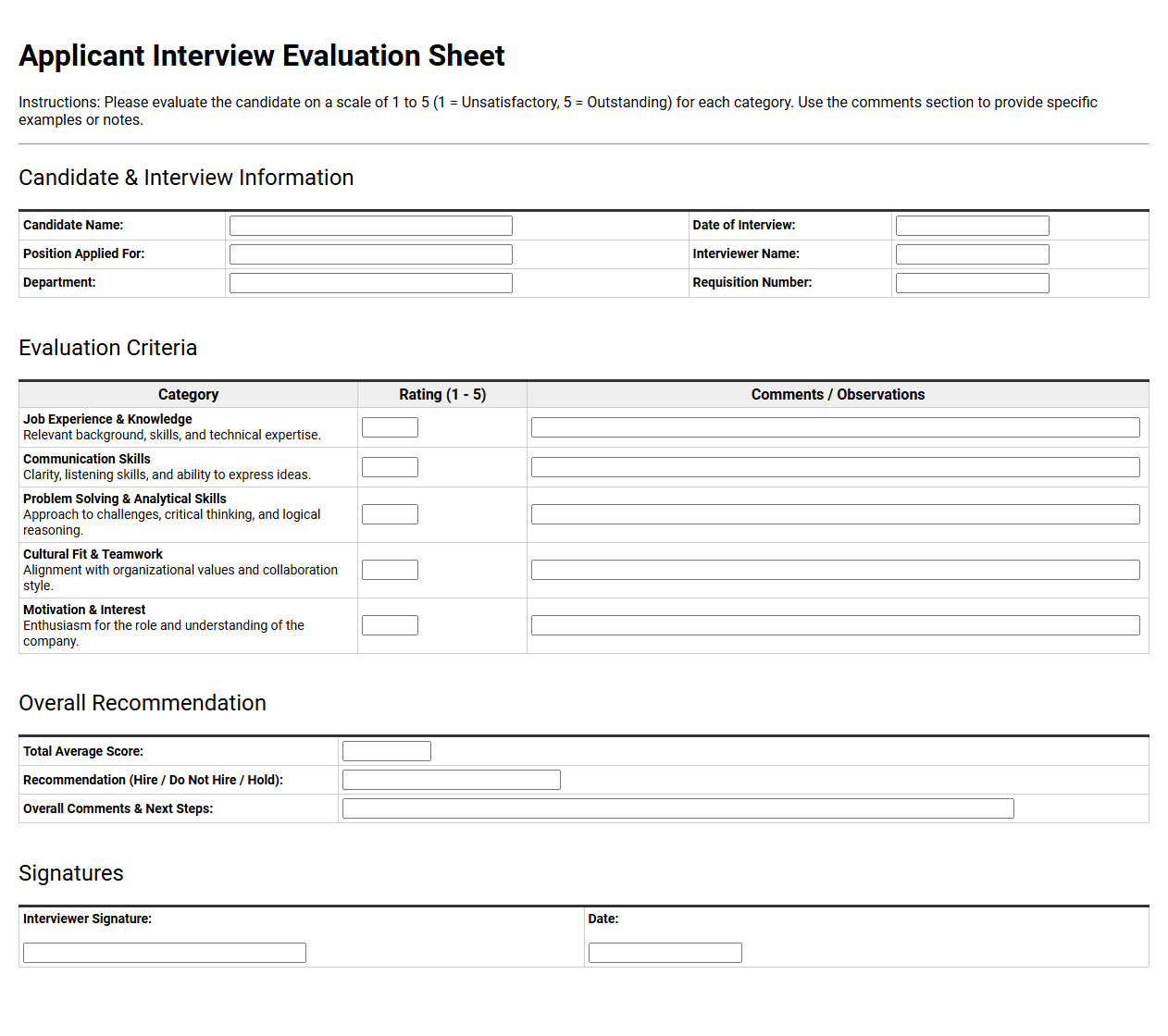 Applicant Interview Evaluation Sheet