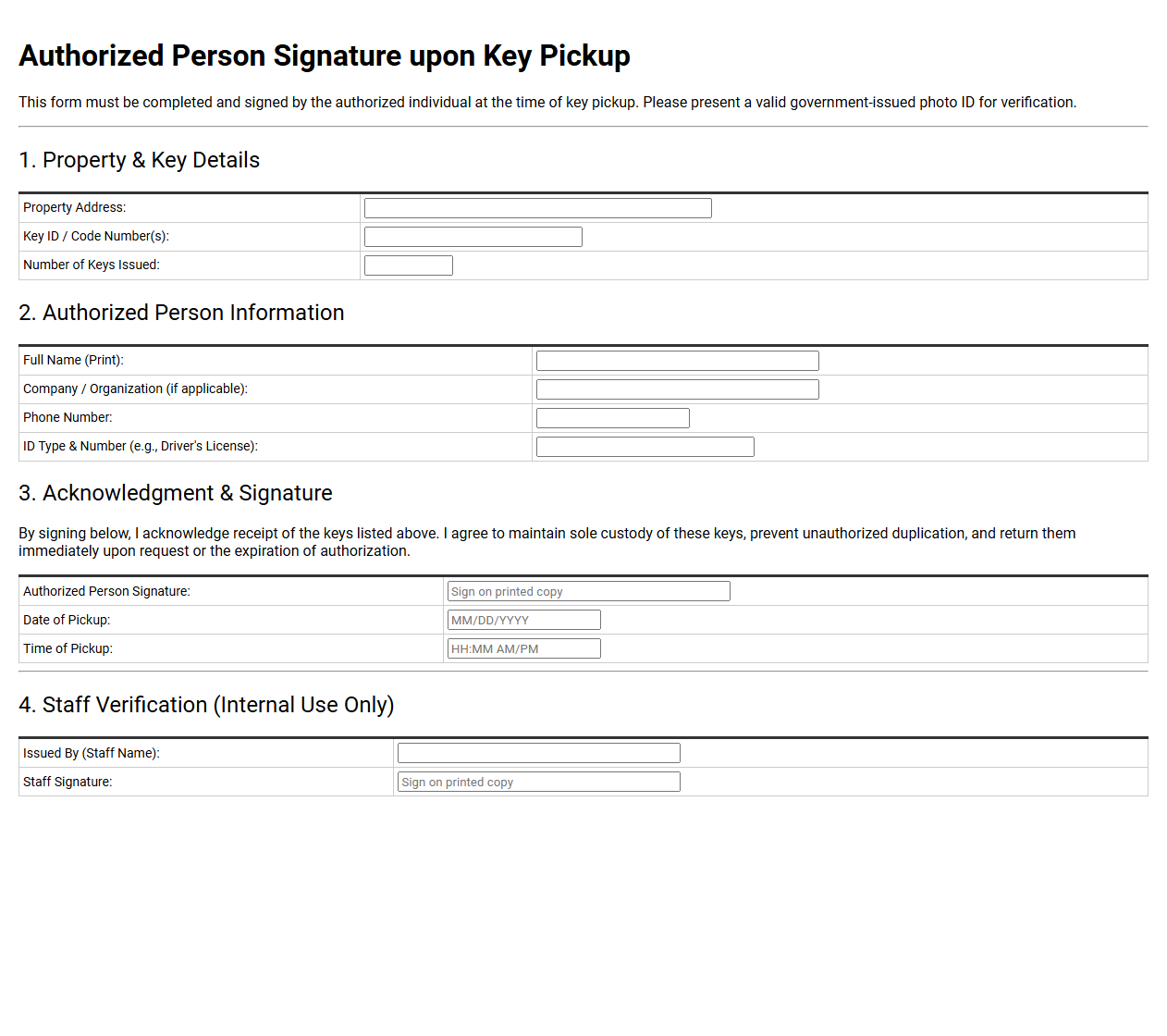 Authorized Person Signature upon Key Pickup