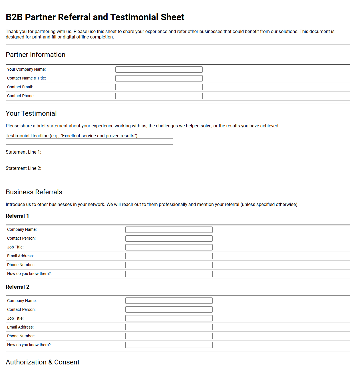 B2B Partner Referral and Testimonial Sheet