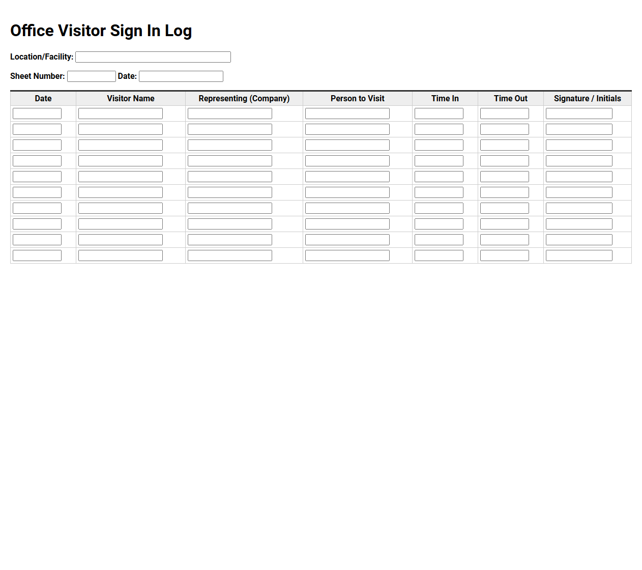 Basic Office Visitor Sign In Log Template