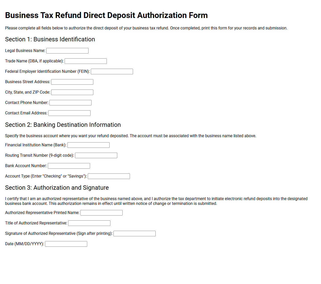 Business Tax Refund Direct Deposit Authorization Form