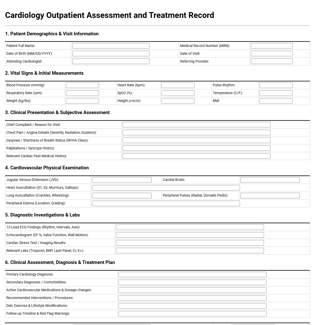 Cardiology Outpatient Assessment and Treatment Record