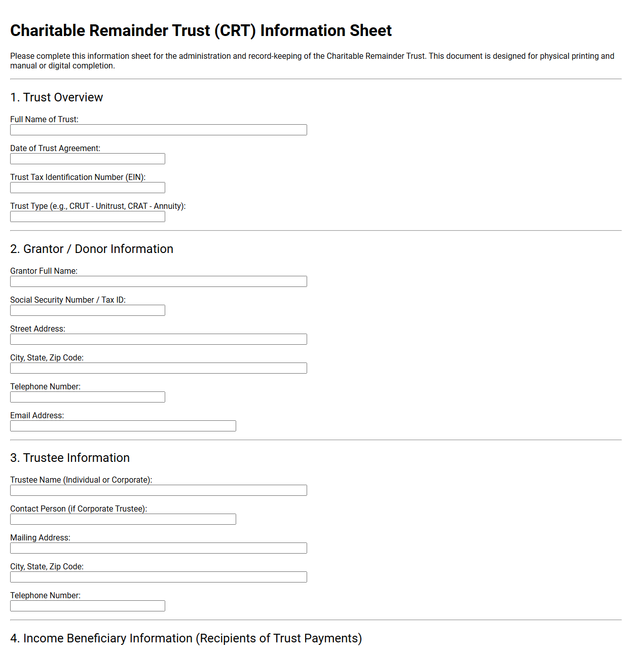 Charitable Remainder Trust Information Sheet