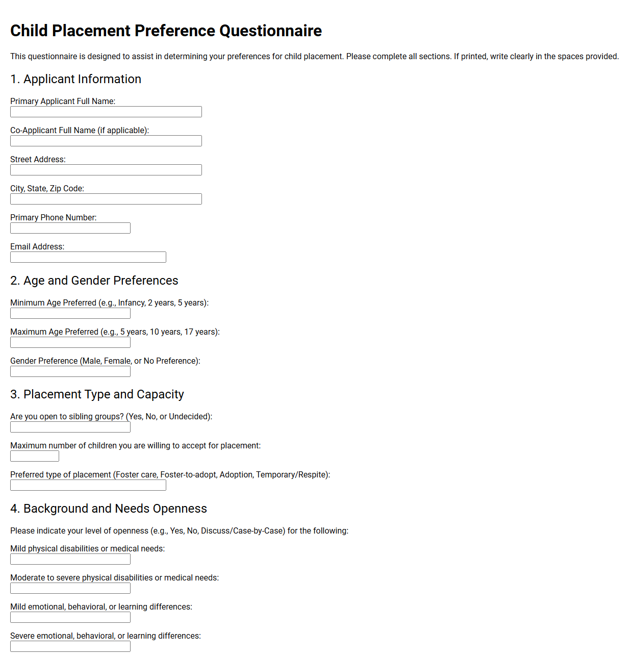 Child Placement Preference Questionnaire