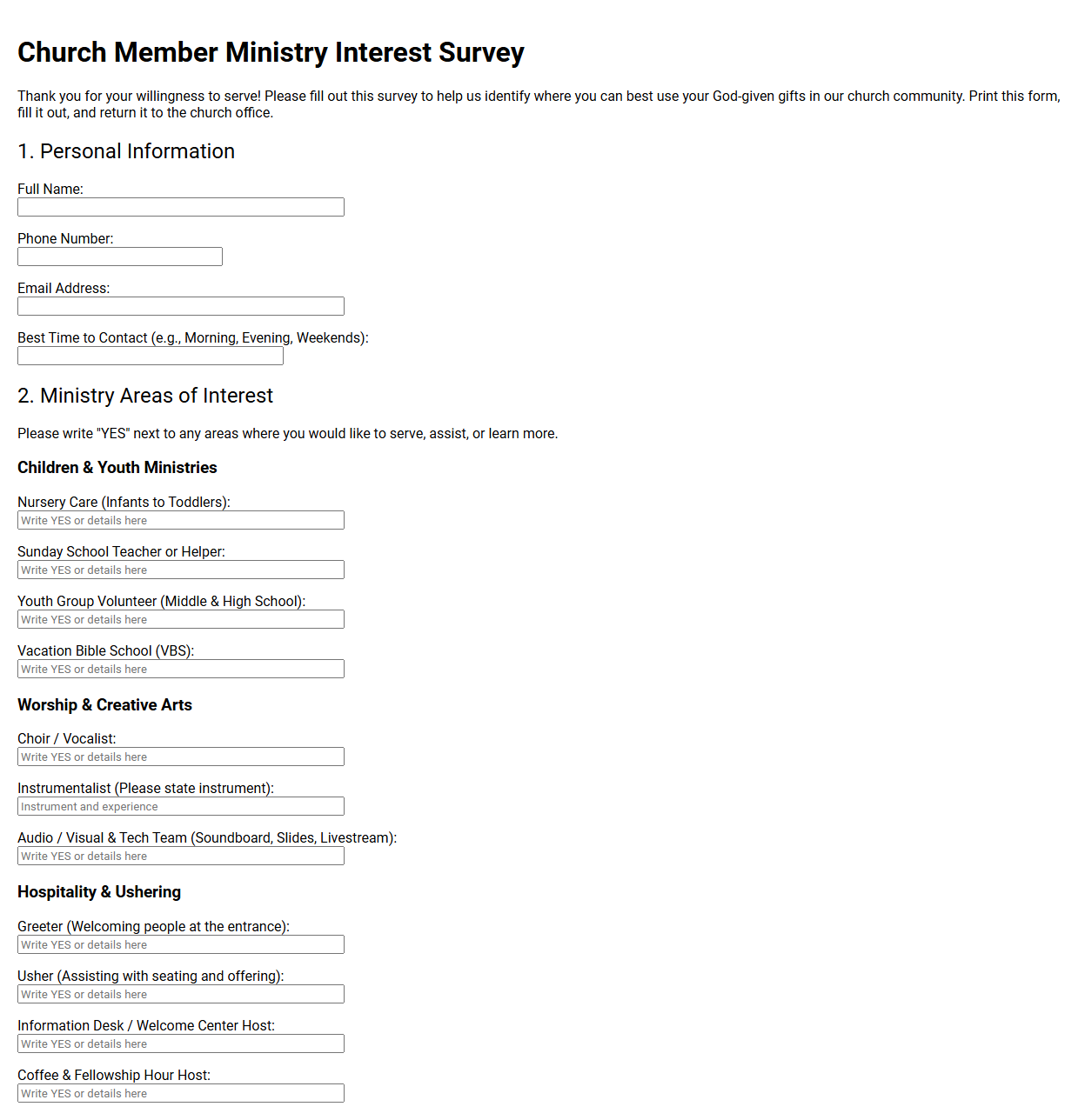 Church Member Ministry Interest Survey Template