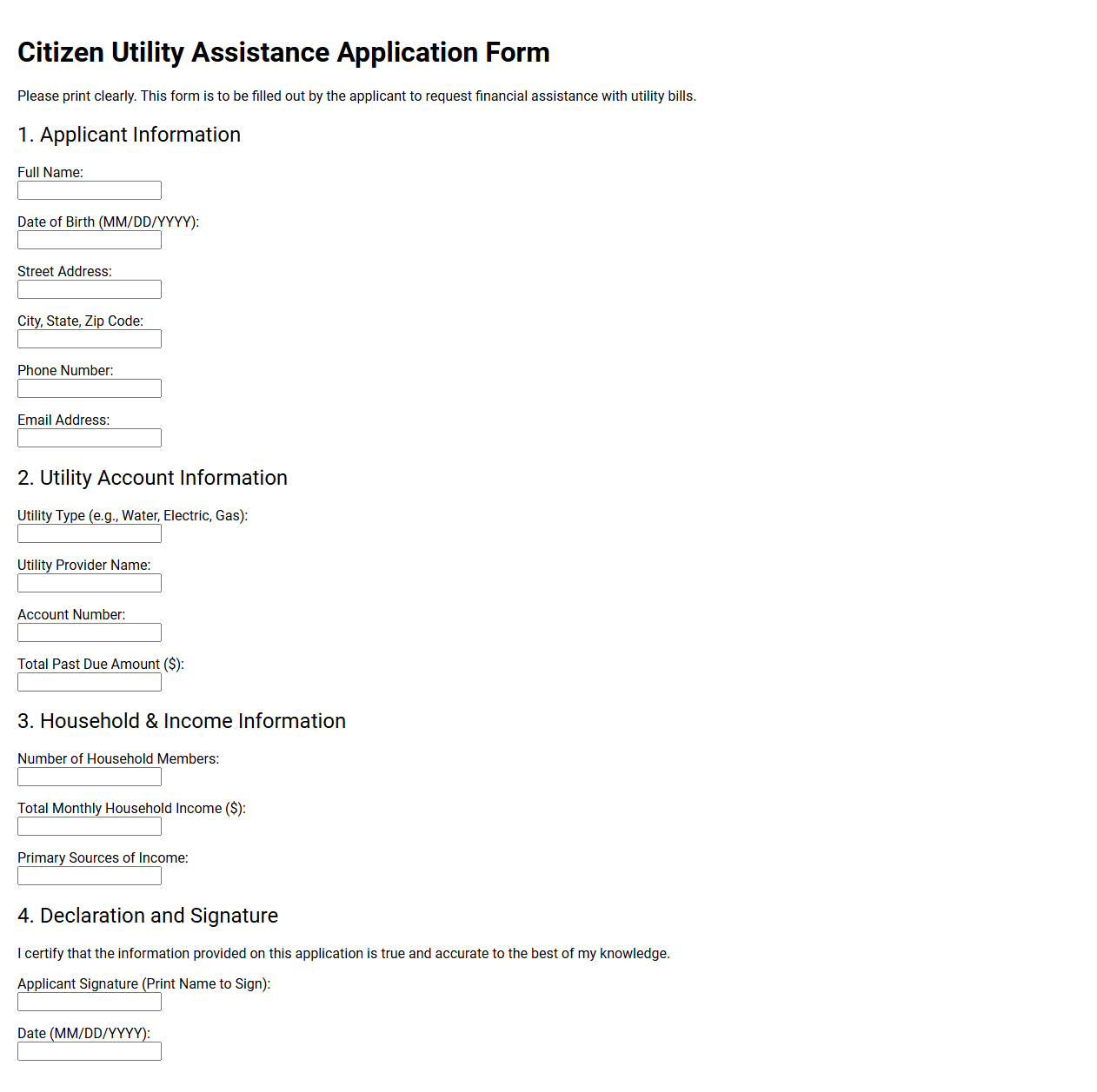 Citizen Utility Assistance Application Form