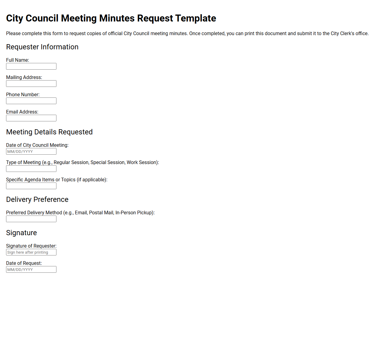City Council Meeting Minutes Request Template