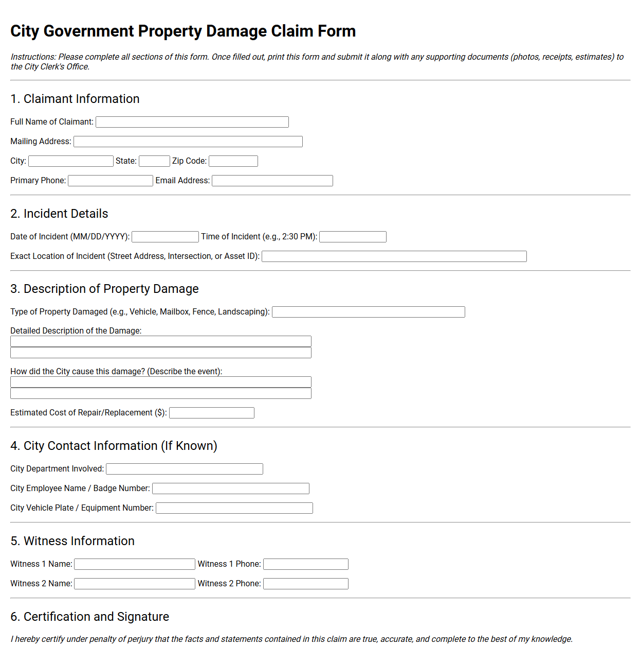 City Government Property Damage Claim Form