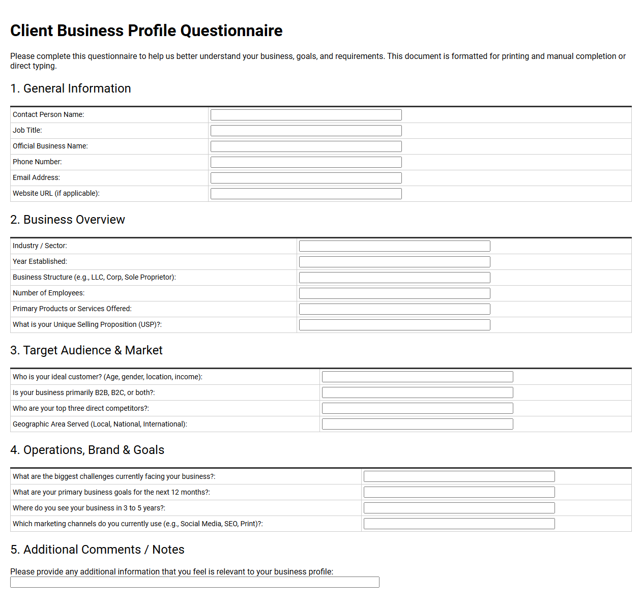 Client Business Profile Questionnaire
