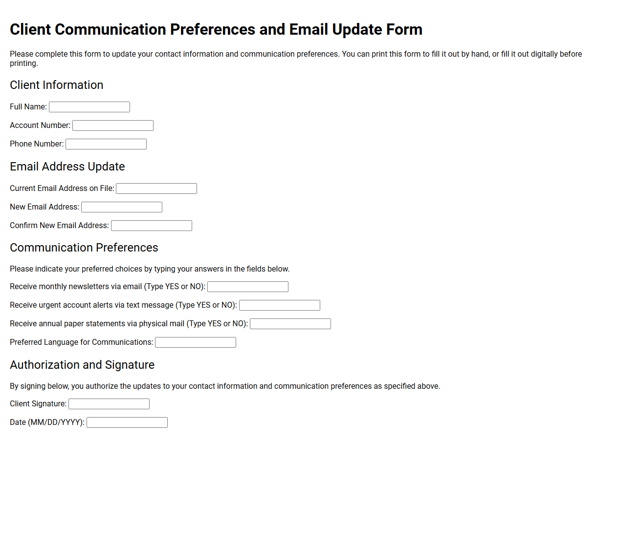 Client Communication Preferences and Email Update Form