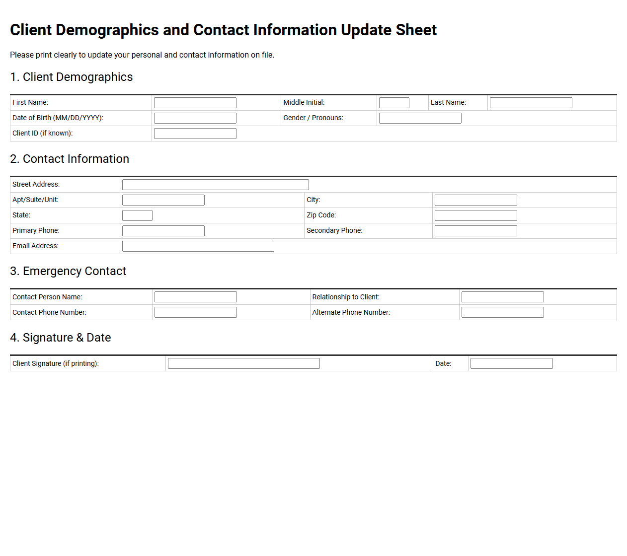 Client Demographics and Contact Information Update Sheet