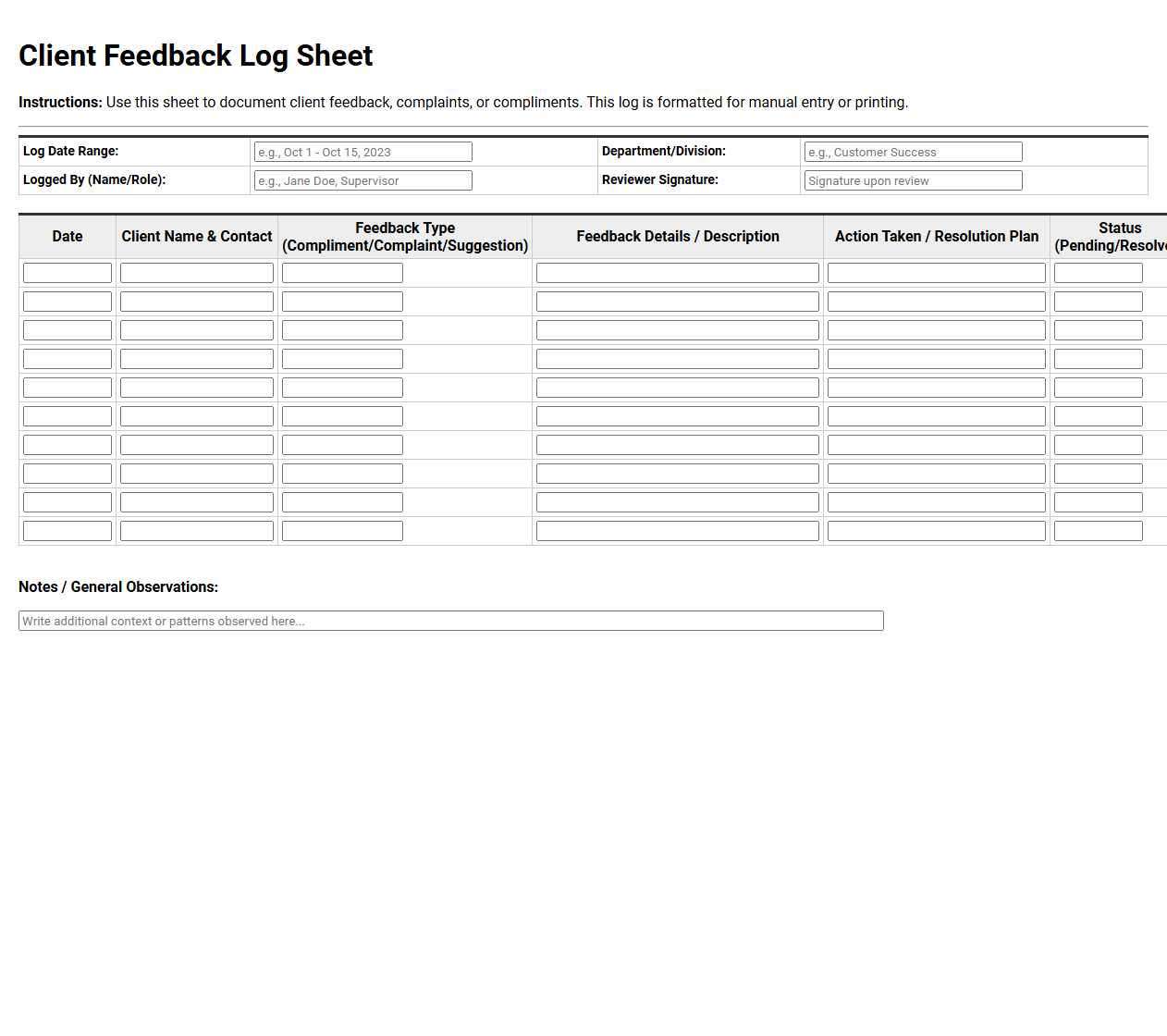 Client Feedback Log Sheet
